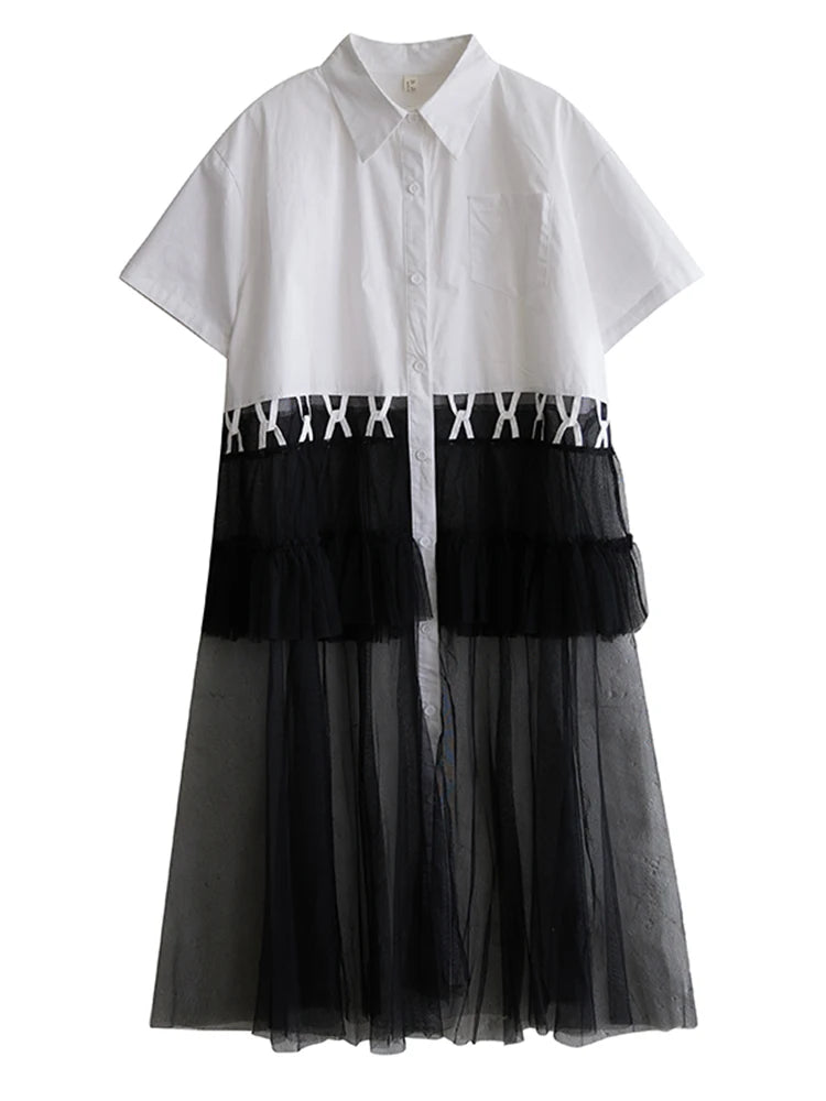 XITAO Patchwork Mesh Single Breasted Dress Casual Loose Fitting A-line Short Sleeve Turn-down Collar Summer Women Dress GYX1634