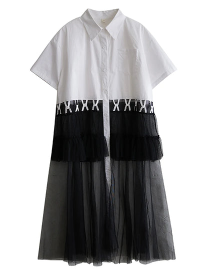 XITAO Patchwork Mesh Single Breasted Dress Casual Loose Fitting A-line Short Sleeve Turn-down Collar Summer Women Dress GYX1634