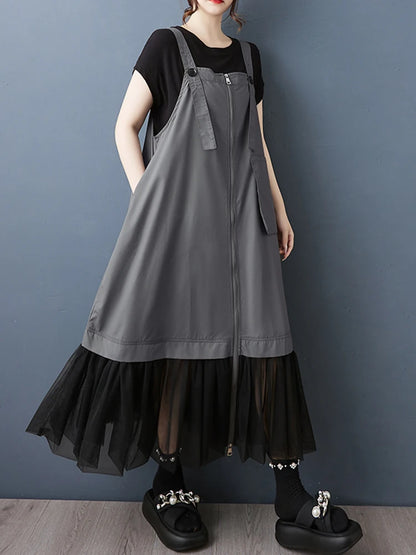 XITAO Gauze Patchwork Pocket Dress Solid Color Square Collar Sleeveless Loose Casual Slimming Summer Woman Straps Dress ZMY1313