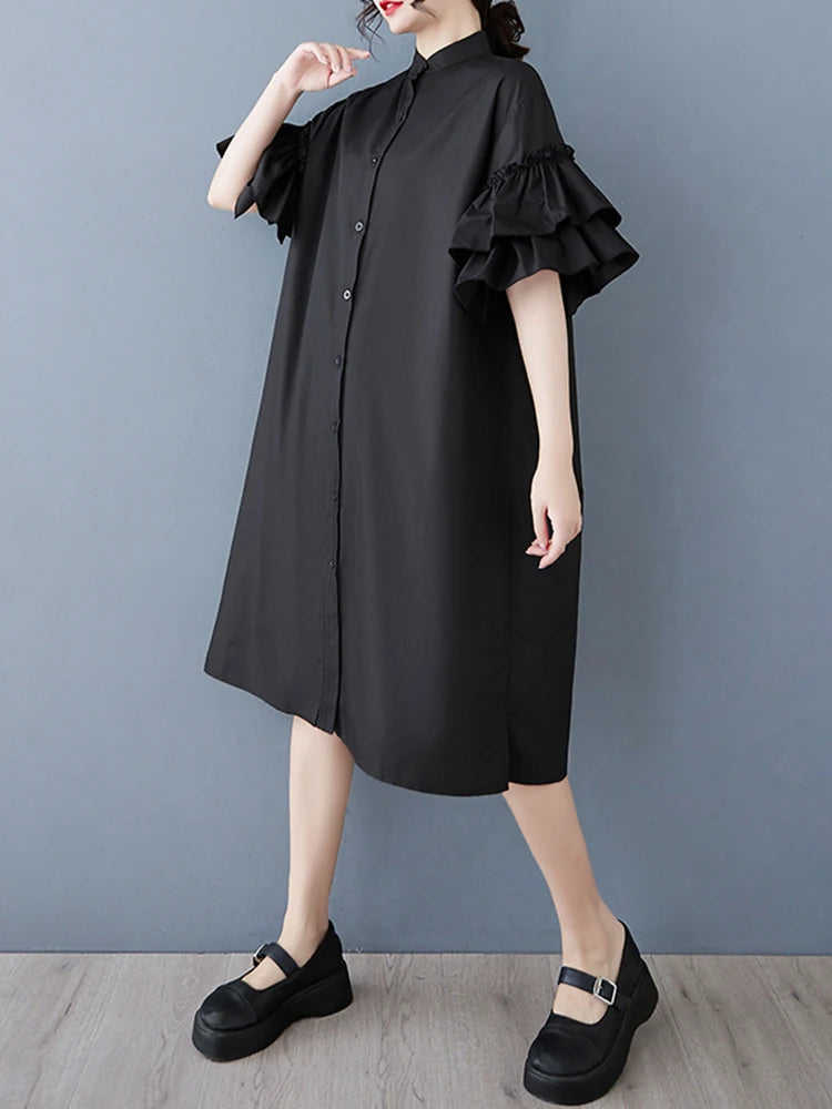 XITAO Ruffles Sleeve Single Breasted Dress New A-line Mid-calf Stand Collar O-neck Solid Color Summer Female Dress GMM1328