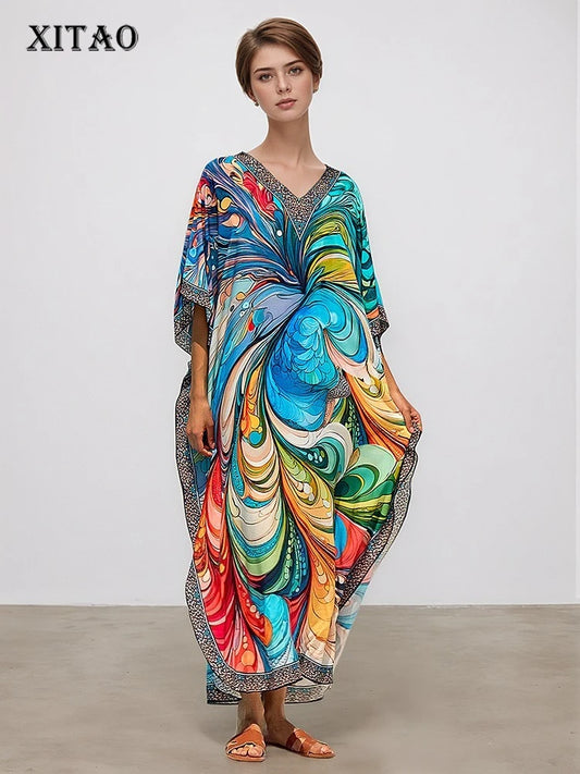 XITAO Bat Wing Sleeve V-neck Vintage Dress Side Slit Print Pullover Loose Temperament Summer Woman Ankle-length Dress GJ1195