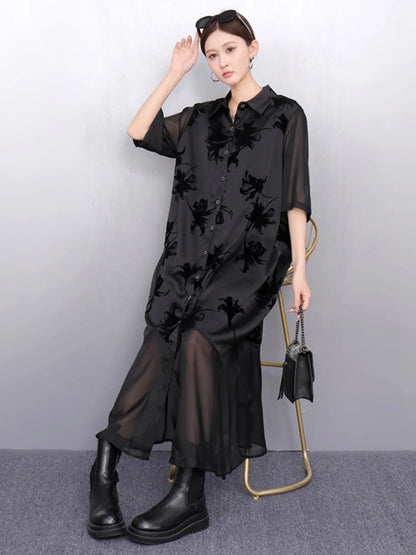 XITAO Patchwork Print Dress Gauze Loose Half Sleeve Elegant Single Breasted Temperament Vintage Summer Woman Dress ZMY1282