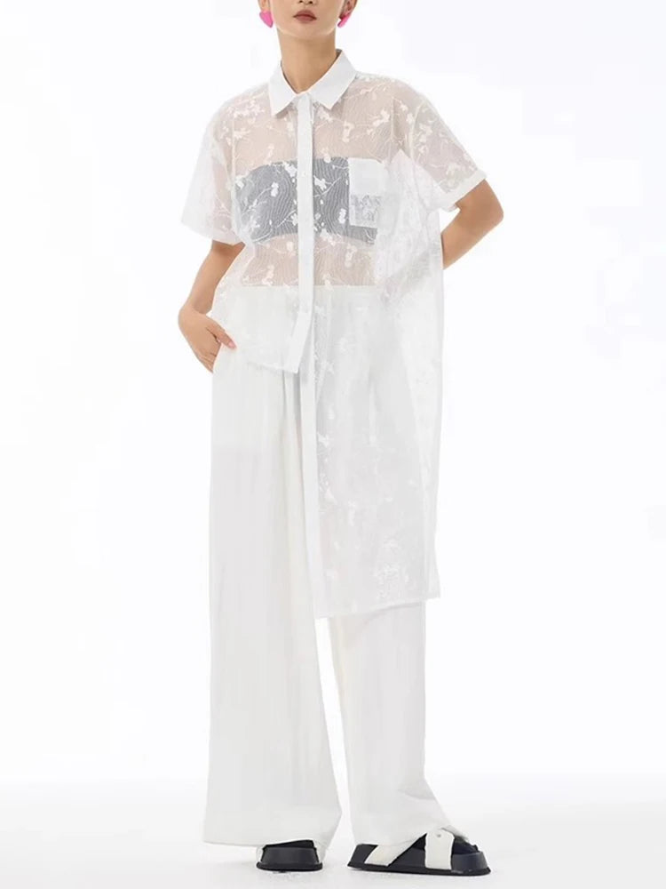 XITAO Asymmetrical Perspective Dress Single Breasted Turn-down Collar Solid Color Short Sleeve Casual Match Shirt Dress ZMY1374