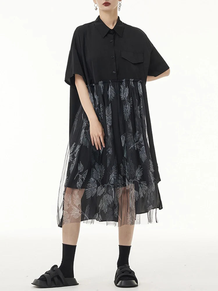 XITAO Loose Patchwork Shirt Dress Temperament Mesh Print Women Summer Short Sleeve Street Turn-down Collar Dress ZMY1078
