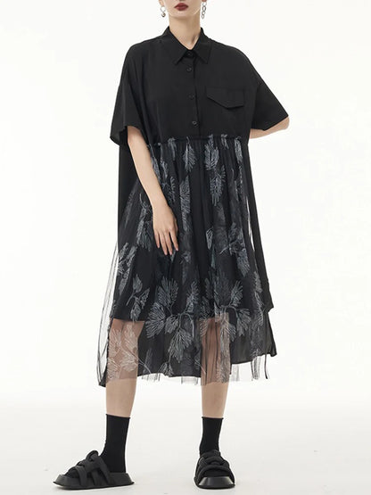 XITAO Loose Patchwork Shirt Dress Temperament Mesh Print Women Summer Short Sleeve Street Turn-down Collar Dress ZMY1078