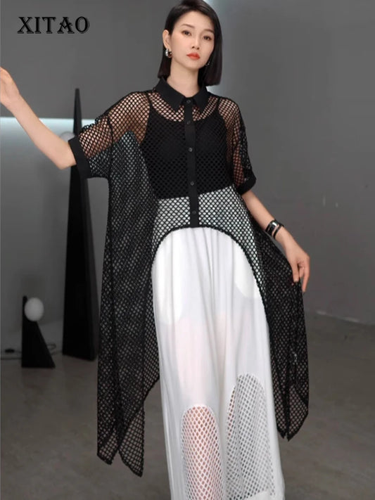 XITAO Hollow Out Mesh Irregular Short Sleeve Dress Loose Fitting Solid Color Single Breasted Lapel Summer Female Dress GYX1660