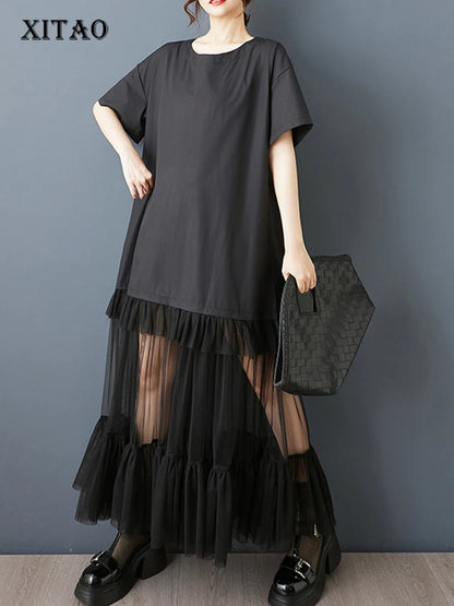 XITAO Patchwork Gauze Pleated Female Dress Loose O-neck Casual Short Sleeve Simple Slimming All-match Summer Woman Dress ZMY1287