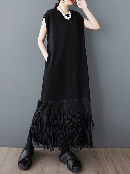 XITAO Patchwork Tassels O-neck Dress Casual Solid Color A-line Sleeveless Personality Pullover New Summer Women Dress ZMY1197