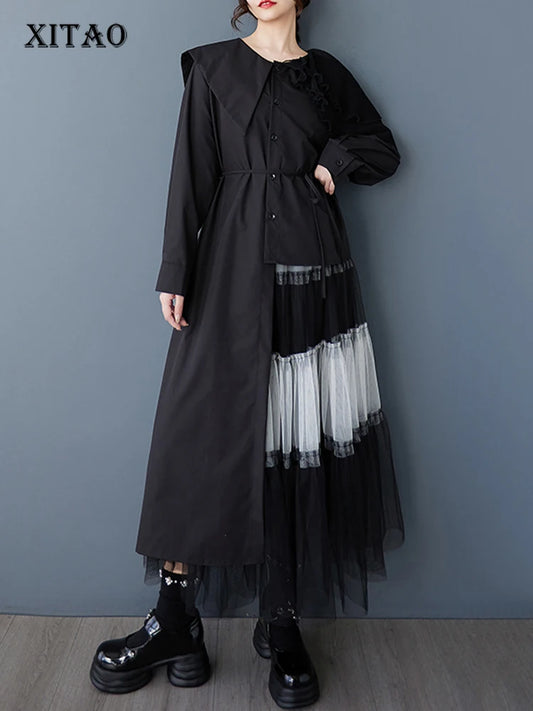 XITAO Asymmetrical Mesh Patchwork Dress Loose Fashion Irregular Women Personality Single Breasted Trend Casual Dress ZMY1152