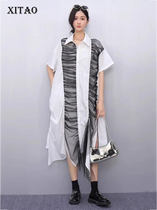 XITAO Irregular Patchwork Lace Mesh Female Dress Contract Color Loose Sweet Pleated Short Sleeve Summer Women Dress GYX1644