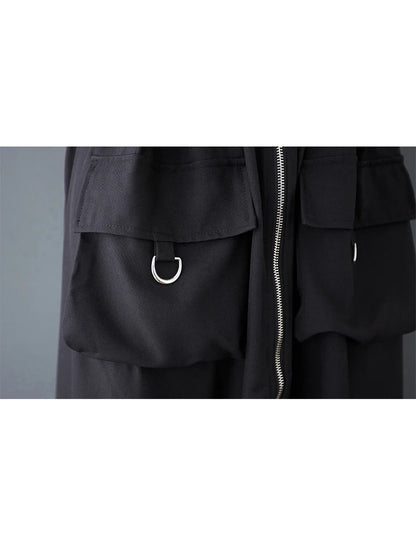 XITAO Zipper Pocket Patchwork Split Skirt Solid Color Elastic Waist Loose Mid-calf Casual Personality Slimming Skirt GYX1559