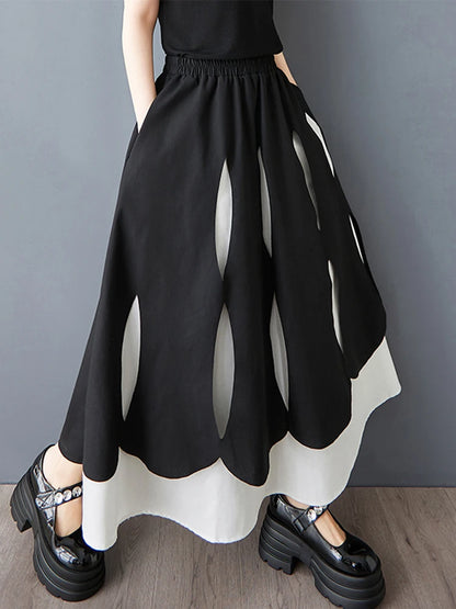 XITAO Patchwork Elastic Waist Female Skirt Casual A-line Loose Hollow Out Fitting Korea Mid-calf Spring Women Skirt GYX1550