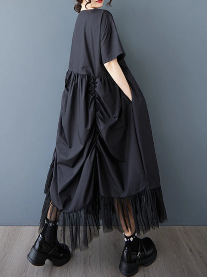 XITAO Loose Folds Female Dress Personality Mesh Irregular Patchwork Women Solid Color Slimming Vintage Pullover Dress ZMY1147