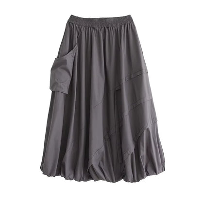 XITAO Casual Big Pocket Folds Skirt Solid Color Simple A-line Patchwork Women Loose All-match Trend Elastic Waist Skirt ZMY1166