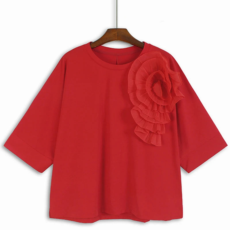 XITAO Three-dimensional Decoration Floral T-shirt O-neck Half Sleeve Solid Color Personality Casual Loose T-shirt Top LYD1892