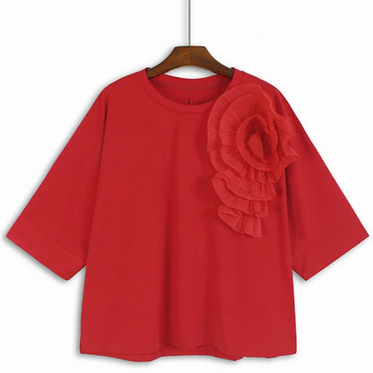XITAO Three-dimensional Decoration Floral T-shirt O-neck Half Sleeve Solid Color Personality Casual Loose T-shirt Top LYD1892