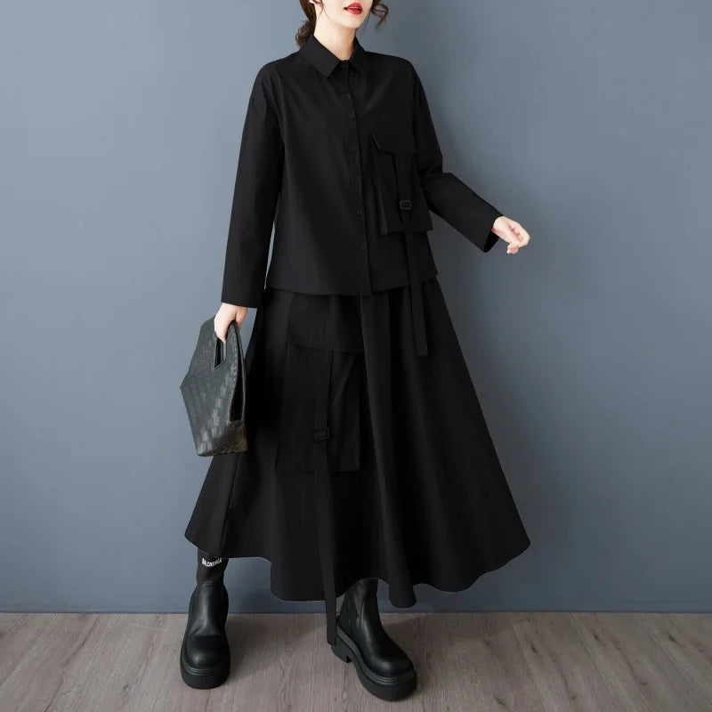 XITAO Single Breasted Pocket Full Sleeve Matching Set Casual Solid Color Elastic Waist Turn-down Collar Female Dress Set GYX1543