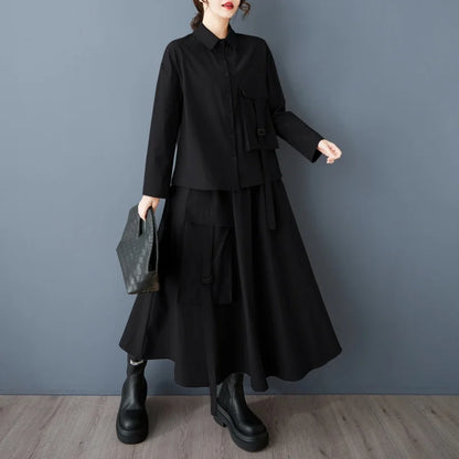 XITAO Single Breasted Pocket Full Sleeve Matching Set Casual Solid Color Elastic Waist Turn-down Collar Female Dress Set GYX1543