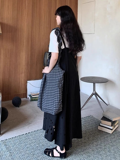 XITAO Hollow Out Square Collar Sleeveless Dress Pullover Solid Color Loose Camisole Temperament Ankle-length Casual Dress ZY8946
