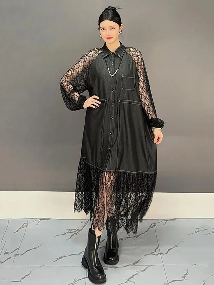 XITAO Lace Patchwork Shirring Single Breasted Dresses Solid Color Turn-down Collar Long Sleeve Fashion Dress 2025 Spring GMM1189