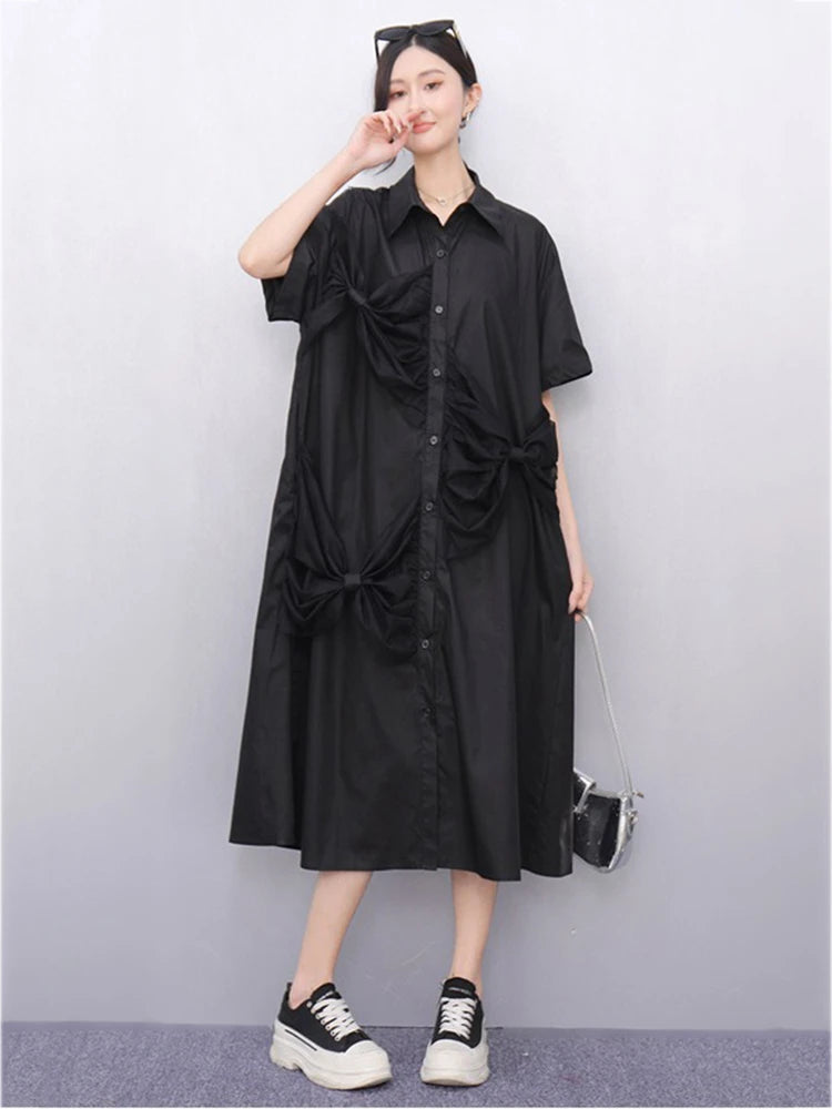XITAO Bow Mesh Single Breasted Lapel Female Dress Casual Solid Color Short Sleeve Leisure A-line Mid-calf Summer Dress HQQ2458