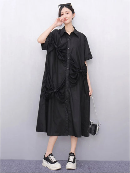 XITAO Bow Mesh Single Breasted Lapel Female Dress Casual Solid Color Short Sleeve Leisure A-line Mid-calf Summer Dress HQQ2458