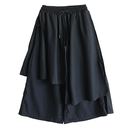 XITAO Asymmetric Drawstring Elastic Waist Pant Casual Solid Color Loose Fitting Fashion Fake Two Pieces Women Pant ZMY1045