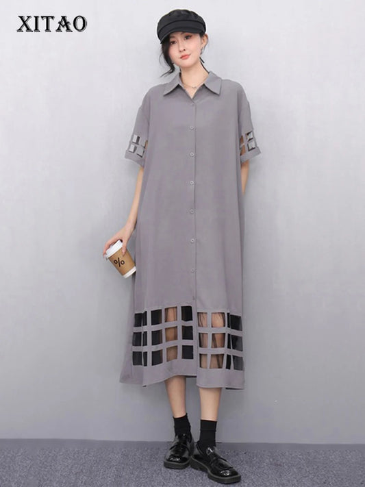 XITAO Hollow Out Patchwork Gauze Short Sleeve Dress Solid Color Turn-down Collar Loose Casual Mid-calf Slimming Dress GYX1621