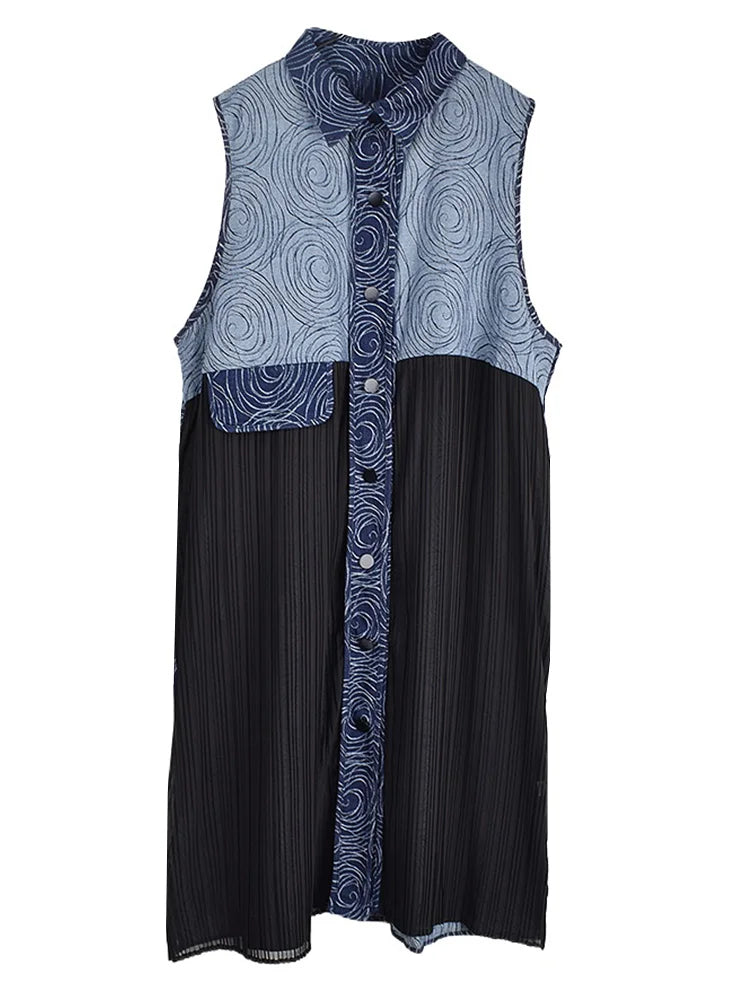 XITAO Patchwork Single Breasted Sleeveless Dress Turn-down Collar A-line Casual Pocket New Personality Female Dress GYX1522
