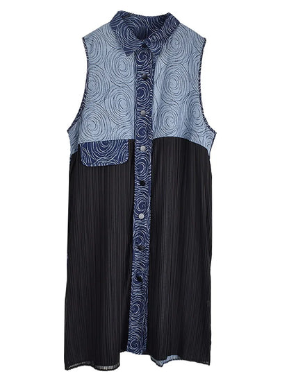 XITAO Patchwork Single Breasted Sleeveless Dress Turn-down Collar A-line Casual Pocket New Personality Female Dress GYX1522