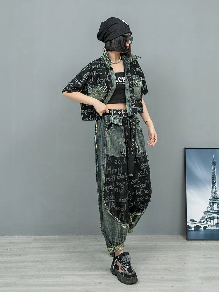 XITAO Letter Print Pocket Patchwork Pant Sets Single Breasted Turn-down Collar Half Sleeve Top Elastic Waist Loose Pant GYX1579