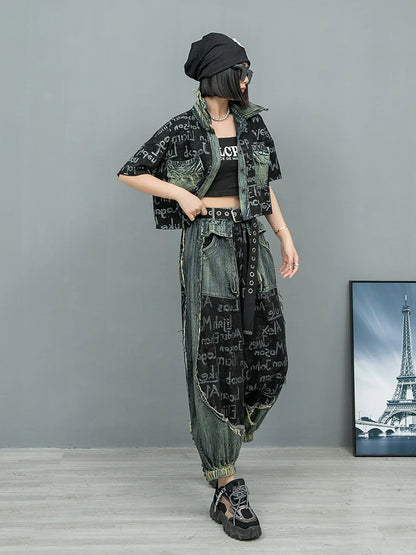 XITAO Letter Print Pocket Patchwork Pant Sets Single Breasted Turn-down Collar Half Sleeve Top Elastic Waist Loose Pant GYX1579