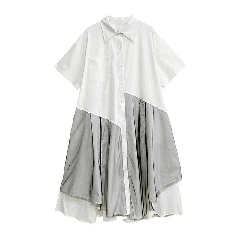 XITAO Irregular Shirt Dress Simplicity Casual Mesh Patchwork Asymmetrical Hem 2024 Summer New Turn-down Collar Dress LYD1908