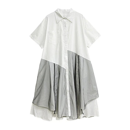 XITAO Irregular Shirt Dress Simplicity Casual Mesh Patchwork Asymmetrical Hem 2024 Summer New Turn-down Collar Dress LYD1908