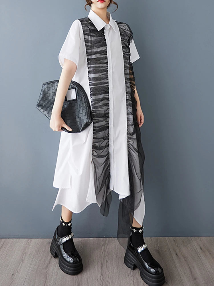 XITAO Asymmetric Pleated Mesh Single Breasted Dress Turn-down Collar Solid Color A-line Sweet Summer Women Dress GYX1625