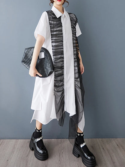 XITAO Asymmetric Pleated Mesh Single Breasted Dress Turn-down Collar Solid Color A-line Sweet Summer Women Dress GYX1625
