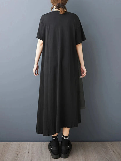 XITAO Irregular Solid Color Loose Dress O-neck Short Sleeve Gauze Patchwork Short Sleeve Elegant Summer Woman Dress ZMY1376