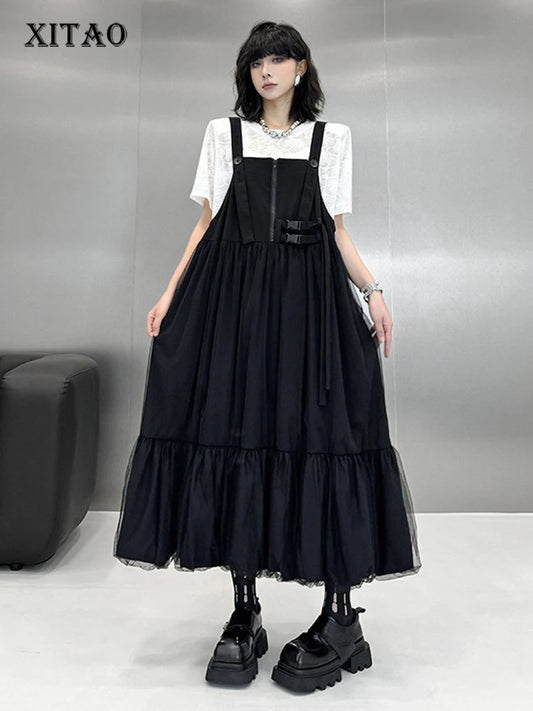 XITAO Gauze Solid Color Straps Dress Patchwork Bandage Loose Casual Slimming Temperament All-match Summer Woman Dress  HQQ2494