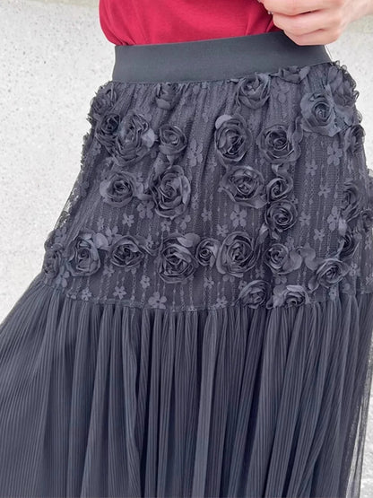 XITAO Flower Patchwork Lace Elastic Waist Skirt Casual A-line Fashion All Match Personality New Summer Female Skirt ZMY1142