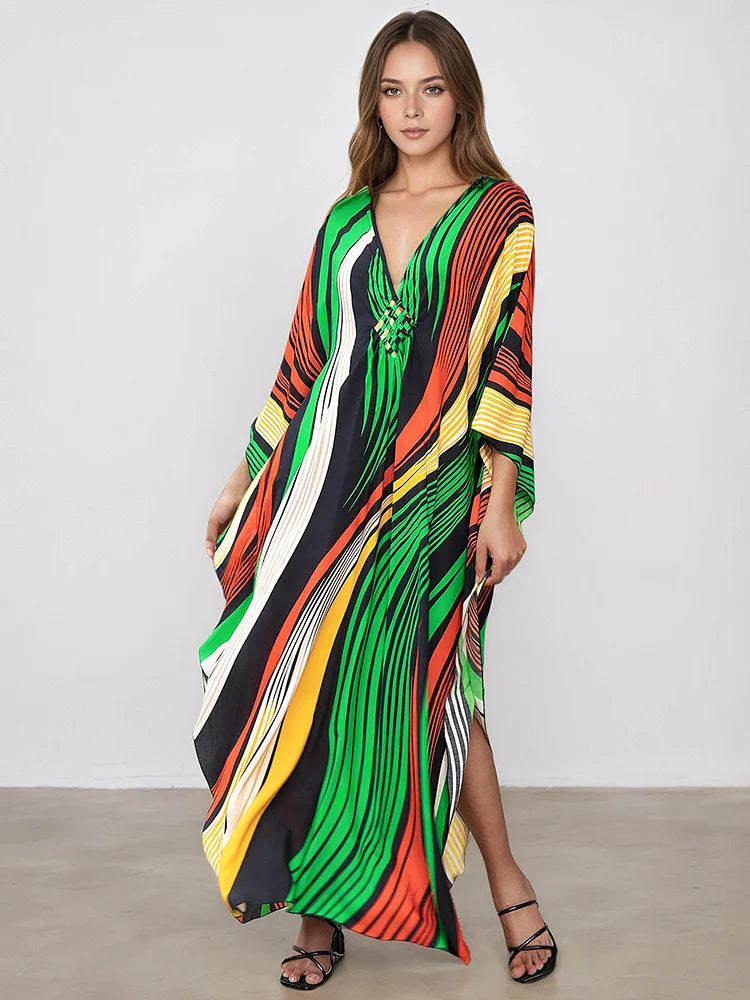 XITAO Contrast Color Striped Loose Dress V-neck Pullover Print Side Slit Casual Slimming Summer Simple Summer Woman Dress GJ1184