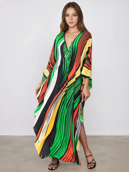 XITAO Contrast Color Striped Loose Dress V-neck Pullover Print Side Slit Casual Slimming Summer Simple Summer Woman Dress GJ1184