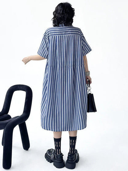 XITAO Asymmetric Striped Shirt Dress Elegant Temperament Single Breasted Women Loose Turn-down Collar Summer Dress ZMY1071