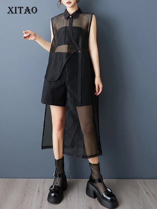 XITAO Irregular Hollow Out Sleeveless Shirt Turn-down Collar Solid Color All-match Vintage Loose Summer Woman Shirt ZMY1231