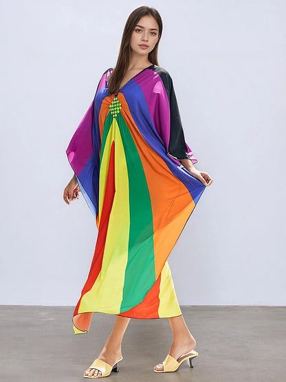 XITAO Side Slit Vintage Loose Dress Contrast Color V-neck Casual Print Personality All-match Elegant Summer Woman Dress GJ1165