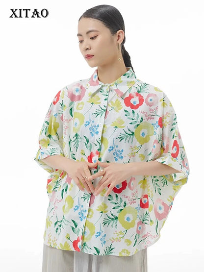 XITAO Print Lapel Single Breasted Shirt Casual Short Sleeve Turn-down Collar New Loose Fitting Flower Women Blouse GYX1615
