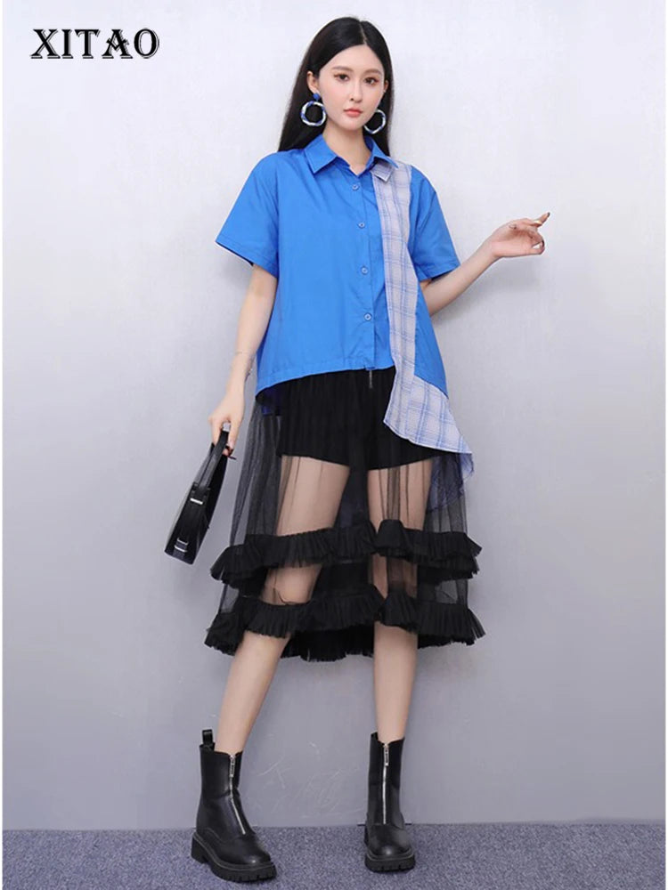 XITAO Gauze Irregular Contrast Color Dress Patchwork Turn-down Collar Single Breasted Casual Loose Summer Woman Dress ZMY1395