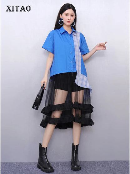 XITAO Gauze Irregular Contrast Color Dress Patchwork Turn-down Collar Single Breasted Casual Loose Summer Woman Dress ZMY1395