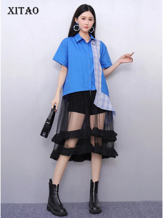 XITAO Gauze Irregular Contrast Color Dress Patchwork Turn-down Collar Single Breasted Casual Loose Summer Woman Dress ZMY1395