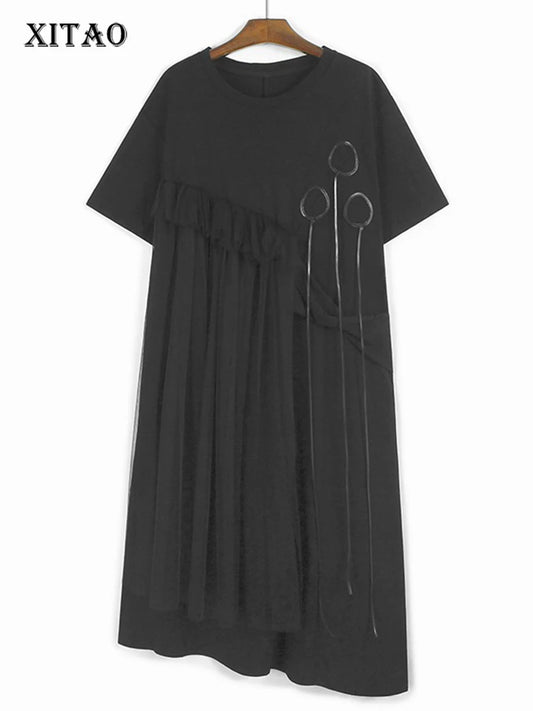 XITAO Female O-neck Vintage Dress Gauze Patchwork Solid Color Simple Temperament Pullover Summer Woman Slimming Dress ZMY1375