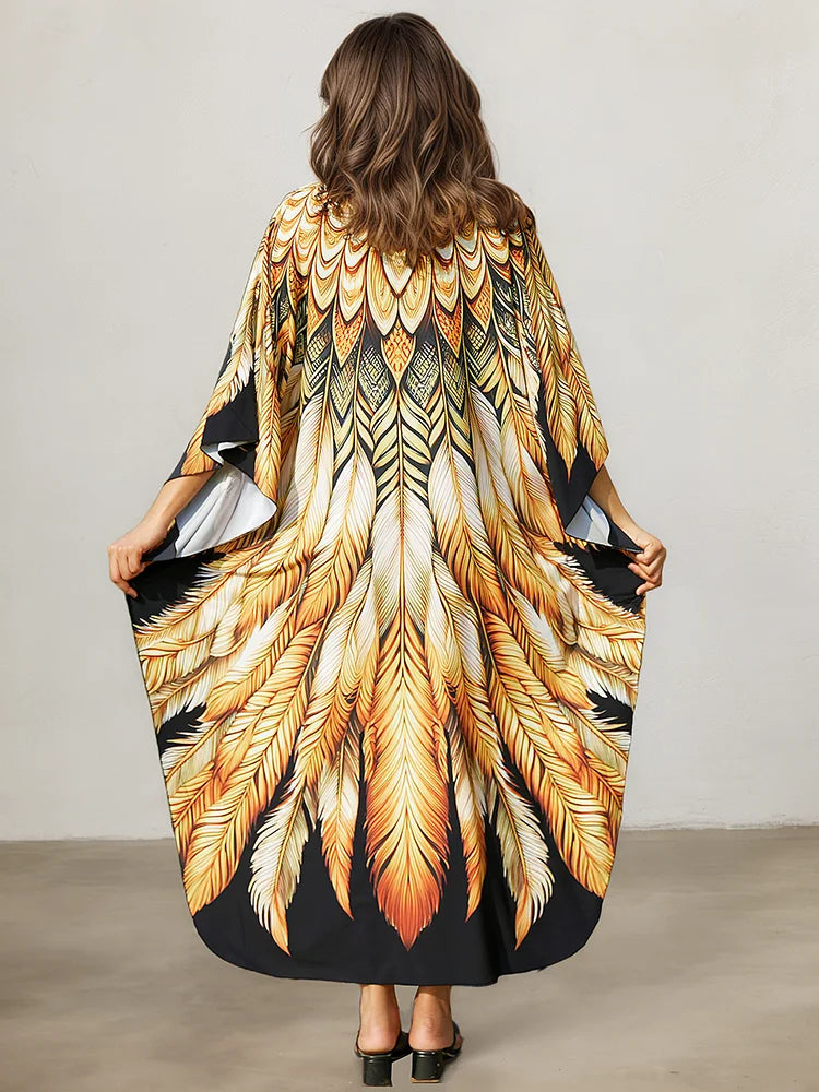 XITAO V-neck Side Slit A-line Dress Bat Wing Sleeve Loose Print Slimming All-match Pullover Elegant Summer Woman Dress GJ1199